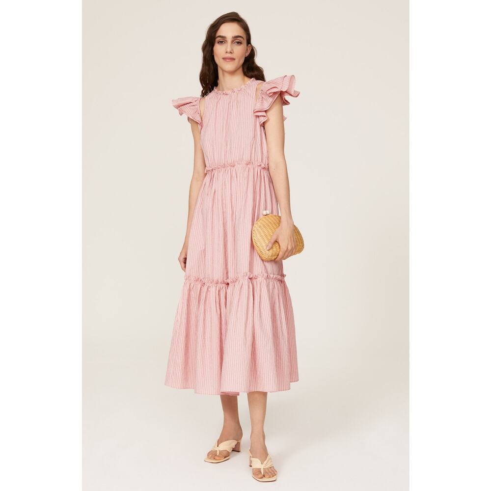 Cinq a Sept Sofia Pink Striped Ruffle Sleeve Tiered Tie Back Midi Dress Size 6